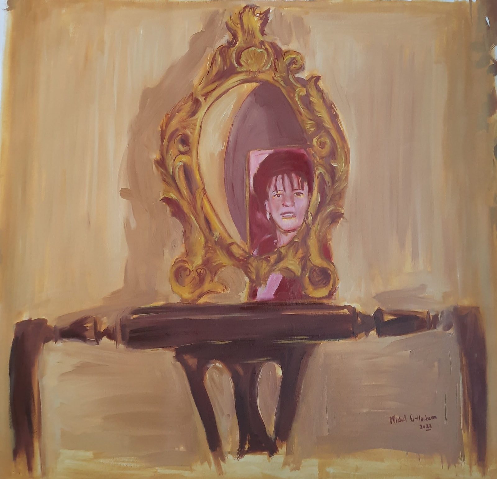 Not the Age of Mother, oil on canvas: a photograph in a gilt mirror on a table