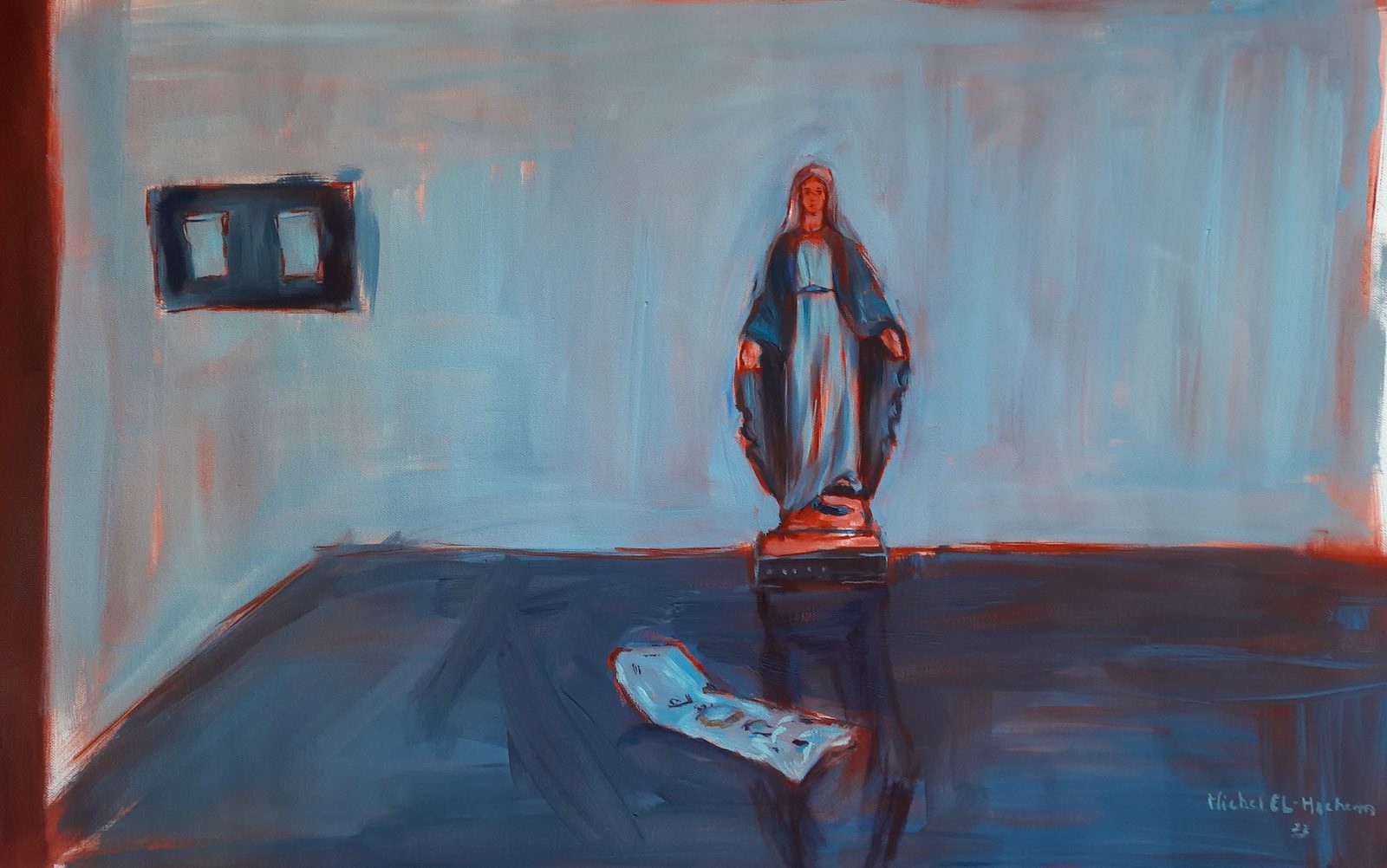 God Said No, God Said Die, oil on canvas: a statue of the Virgin on a table