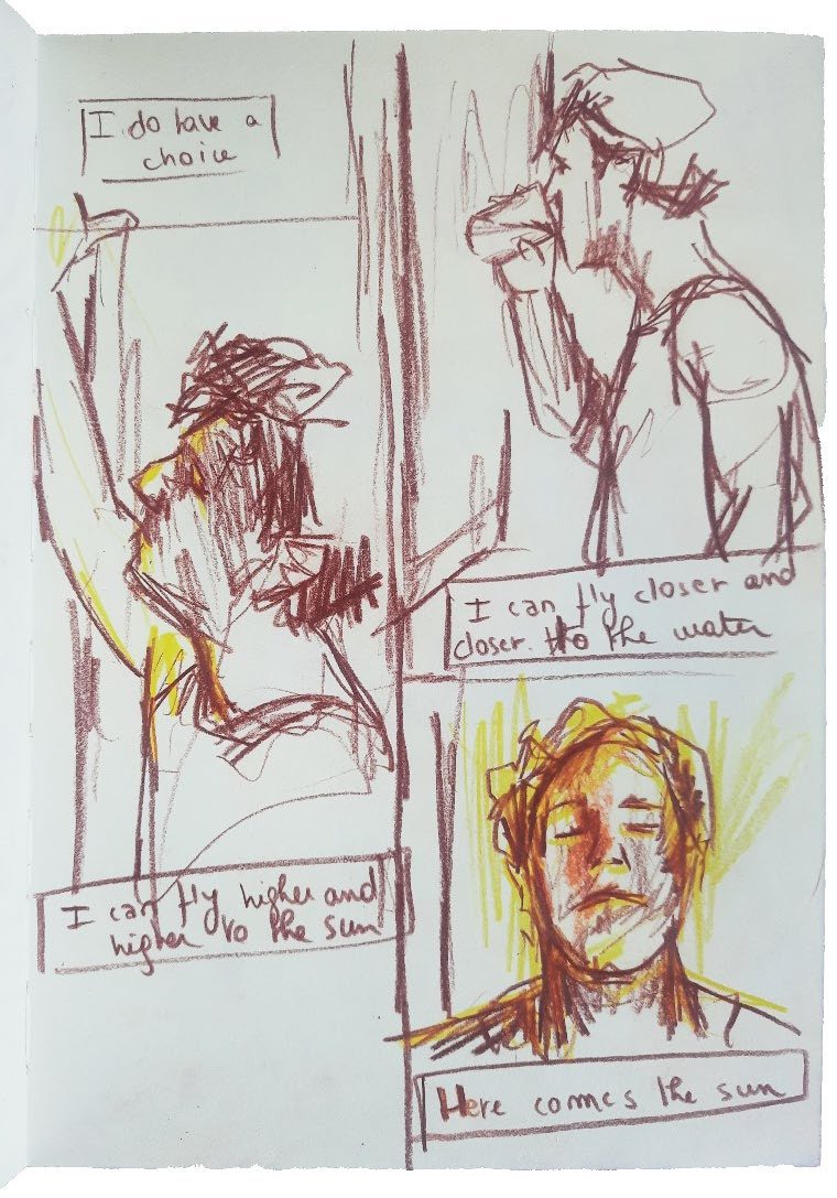 Sketchbook page with panels and handwritten lines