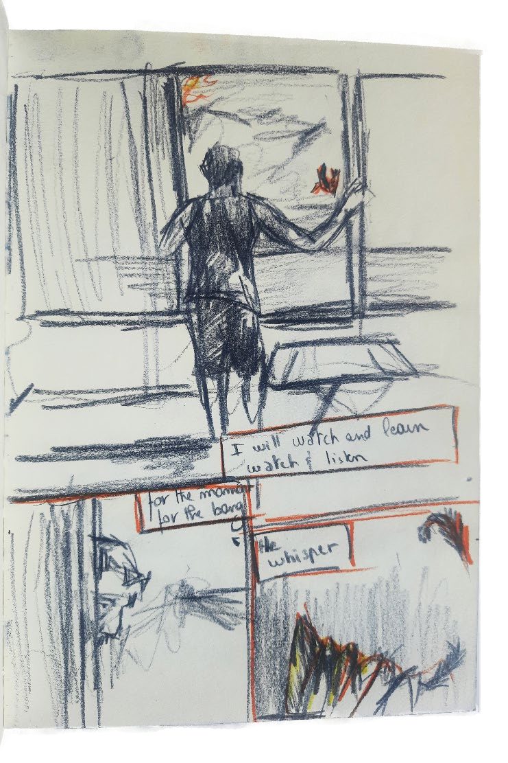 Sketchbook page with panels and handwritten lines